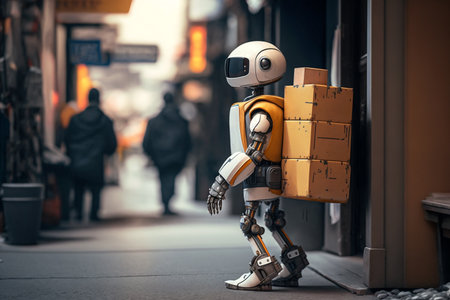 Electric courier robot deliver food. Generative AI.の素材