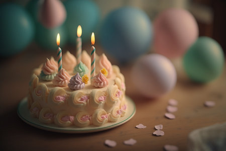 Celebration birthday cake with candles low light illustration. Generative AI.の素材