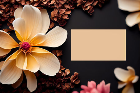 beige flowers on black background greeting card celebration March 8 copy space mockup illustration Generative AI.の素材