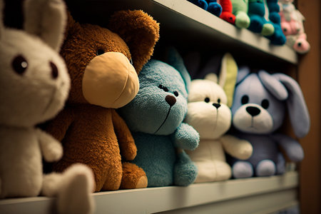 soft plush toys on the shelf in the wardrobe illustration Generative AI.の素材