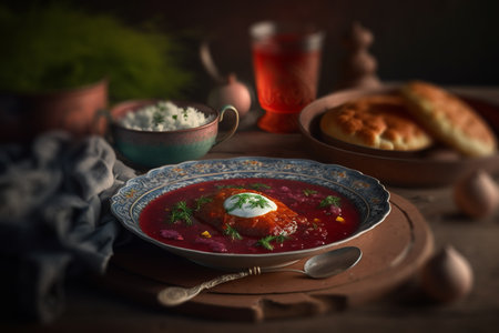 red borscht is a traditional ukrainian dish of ukrainian cuisine illustration Generative AI.の素材