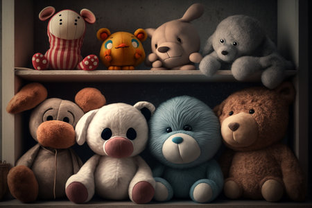 soft plush toys on the shelf in the wardrobe illustration Generative AI.の素材