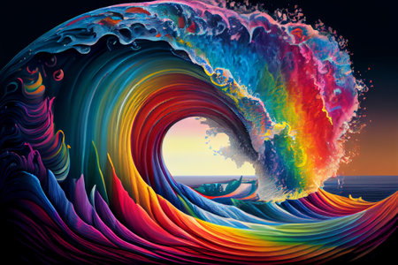 sea rainbow wave illustration Generative AI.の素材