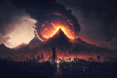 Volcanic eruption against the backdrop of a sleeping city illustration Generative AI.の素材