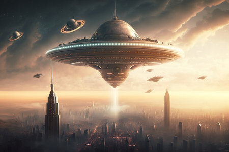 cinematic UFO space dishes over the city metropolis illustration Generative AI.の素材