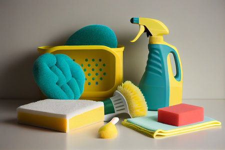 dishwashing accessories detergent and washcloths illustration Generative AI.の素材
