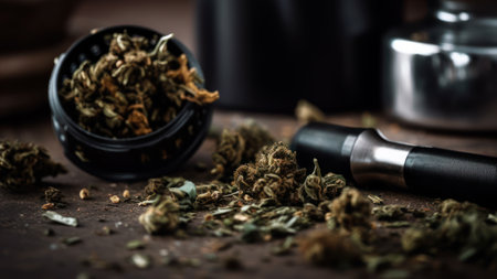 cannabis dry buds in grinder. Generative AI.の素材