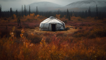 autumn yurt house in tundra, generative ai.の素材
