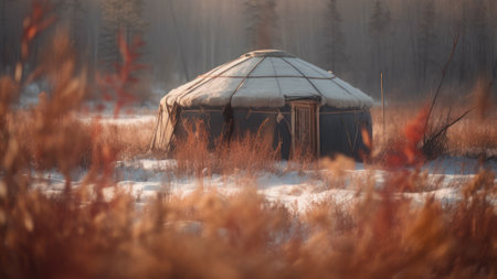autumn yurt house in tundra, generative ai.の素材