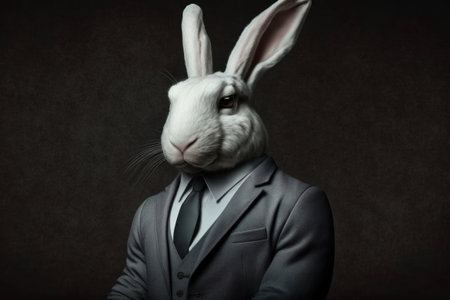 hare in formal suit business idea in dark office. Generative AI.の素材