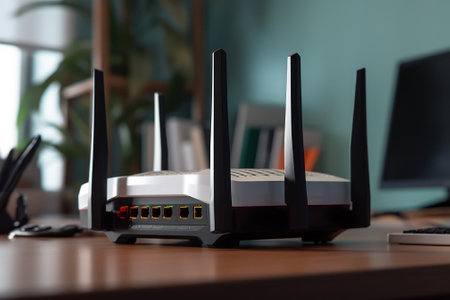 speed 5g internet white wifi router in the house. Generative AI.の素材
