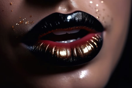 gentle dark red shiny painted big lips woman. Generative AI.の素材
