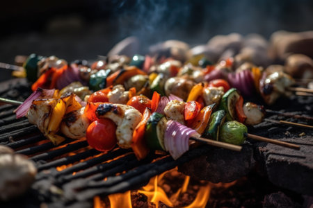 bbq skewers with pork meat and vegetables, generative ai.の素材