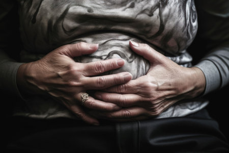 woman holding hands on her belly, stabbing pain in diarrhea abdomen generative ai.の素材