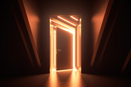 shining bright red yellow doors in dark generative ai.の素材