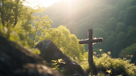 cross on top of a mountain in sunny day generative ai.の素材