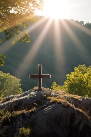 cross on top of a mountain in sunny day, generative ai.の素材