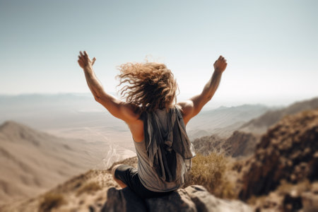 long-haired man on top of a mountain, tourism summer vacation generative ai.の素材