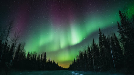 green aurora borealis in northern light, forests trees and sky landscape, generative ai.の素材