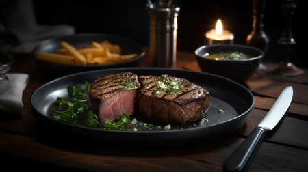 classic french grill beef steak on plate generative ai.の素材