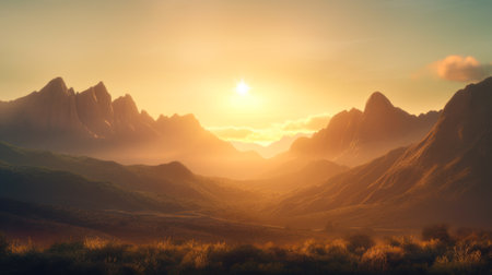 hot summer light, rising sun in the morning mountains travel landscape generative ai.の素材