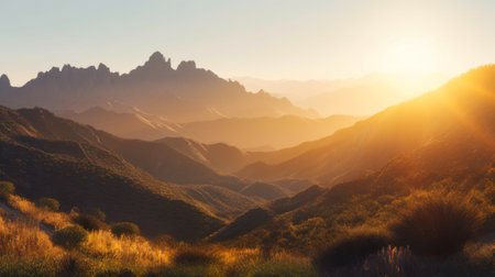 hot summer light, rising sun in the morning mountains travel landscape generative ai.の素材