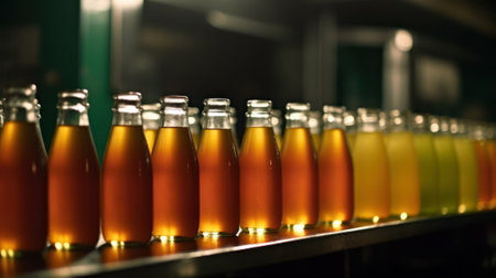 production conveyor with bottles of lemonade generative ai.の素材