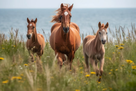 family of wild meadow horses generative ai.の素材