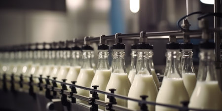 milk production, bottles with dairy product on a conveyor generative ai.の素材