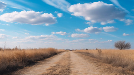 sunny summer sandy road and blue sky, generative ai.の素材
