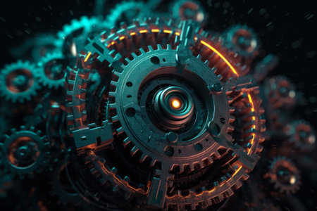 mechanical gears with neon light, generative ai.の素材
