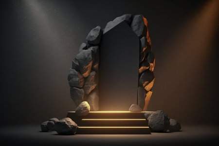 stone podium with warm light, empty display stage, generative ai.の素材