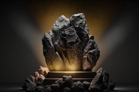 stone podium with warm light, empty display stage generative ai.の素材
