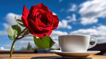 date over a cup of tea and a red rose on blue sky background generative ai.の素材