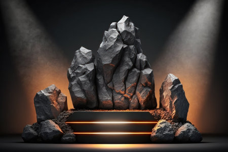 stone podium with warm light, empty display stage generative ai.の素材