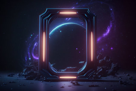 vertical sci-fi space glow frame mockup, neon purple blue lights, generative ai.の素材