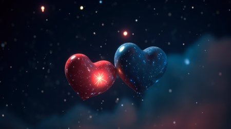 2 hearts on starry night sky background, symbol love generative ai.の素材