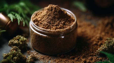 container with strong cannabis kief, trichome hash with high thc generative ai.の素材