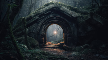 stone arch in the mystical forest, generative ai.の素材