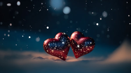 2 hearts on starry night sky background, symbol love generative ai.の素材