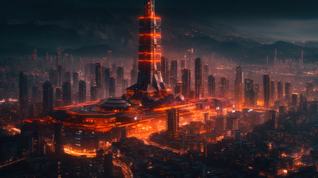 modern futuristic city, night glowing cityscape generative ai.の素材