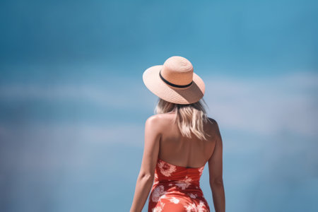 beautiful girl in hat on sky background, back view, summer holidays generative ai.の素材