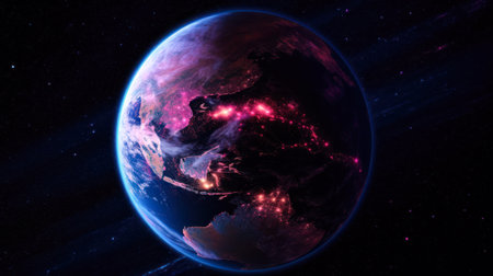 colorful planet earth view from space, purple glowing light, generative ai.の素材