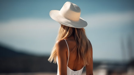 beautiful girl in hat on sky background, back view, summer holidays generative ai.の素材