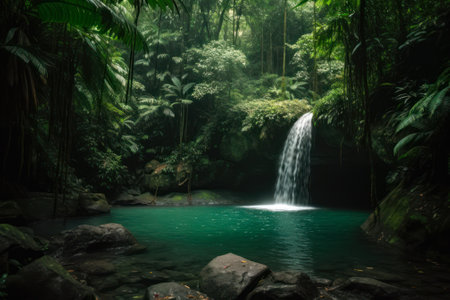green jungle waterfall landscape generative ai.の素材