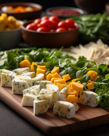 cheese with tomatoes and greens, vegetarian food generative ai.の素材