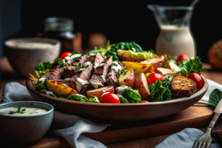 potato with meat and vegetable garnish generative ai.の素材