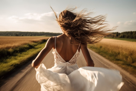 woman bride in wedding dress run away in road from wedding generative ai.の素材
