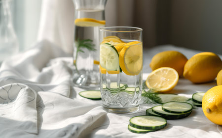 glass water with lemon and cucumber slices on the table generative ai.の素材