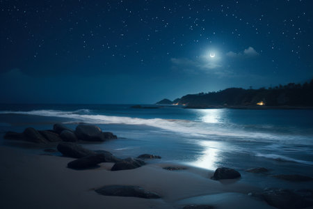bright night landscape by the sea at full moon generative ai.の素材